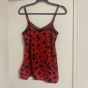 Red Satin Tank With Dark Blue Floral Print Size XS